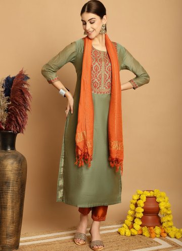 Chanderi Salwar Suit in Green Enhanced with Embroi