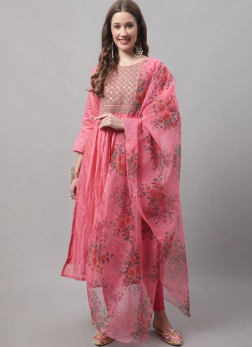 Chanderi Salwar Suit in Pink Enhanced with Embroid