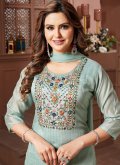 Chanderi Silk Salwar Suit in Blue Enhanced with Embroidered - 1