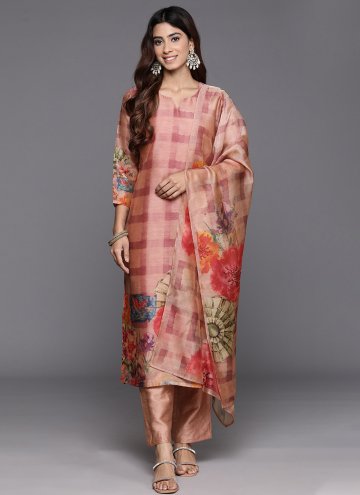 Chanderi Silk Salwar Suit in Brown Enhanced with Printed