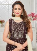 Chanderi Silk Salwar Suit in Brown Enhanced with Resham Work - 1