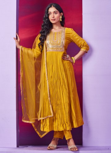 Chanderi Silk Salwar Suit in Mustard Enhanced with