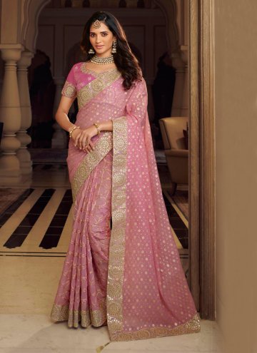 Chanderi Trendy Saree in Pink Enhanced with Embroi