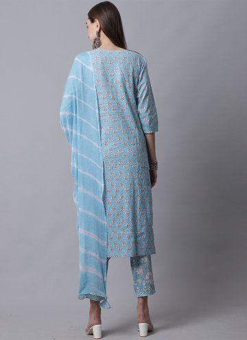 Charming Aqua Blue Cotton  Embroidered Salwar Suit