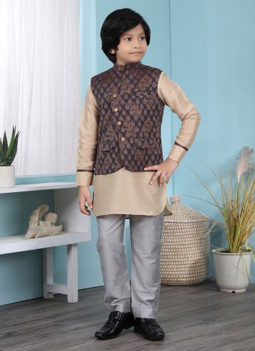 Charming Beige and Brown Cotton Silk Jacquard Work Kurta Payjama With Jacket