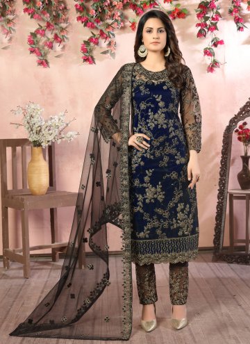 Charming Black and Blue Net Embroidered Pant Style Suit