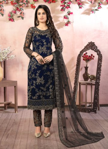 Charming Black and Blue Net Embroidered Pant Style Suit