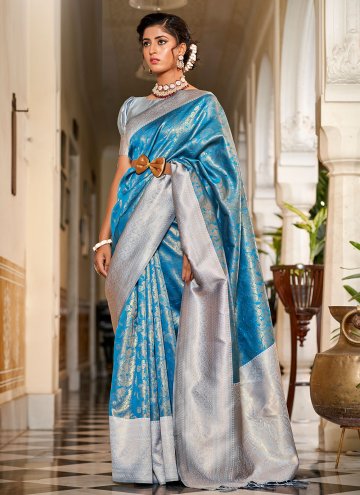 Charming Blue and Grey Banarasi Jacquard Work Trendy Saree