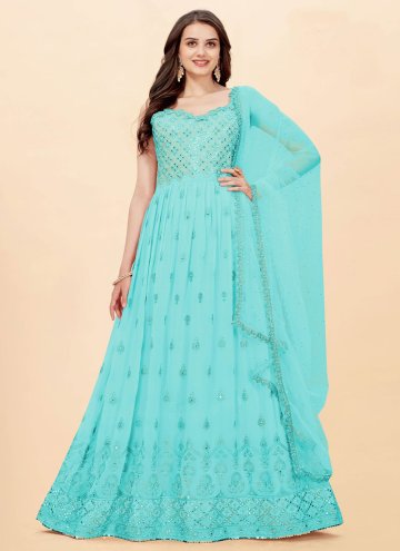 Charming Blue Faux Georgette Embroidered Anarkali 