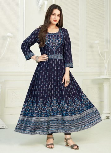 Charming Blue Rayon Foil Print Designer Gown for F