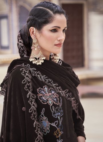 Charming Brown Velvet Embroidered Trendy Salwar Kameez