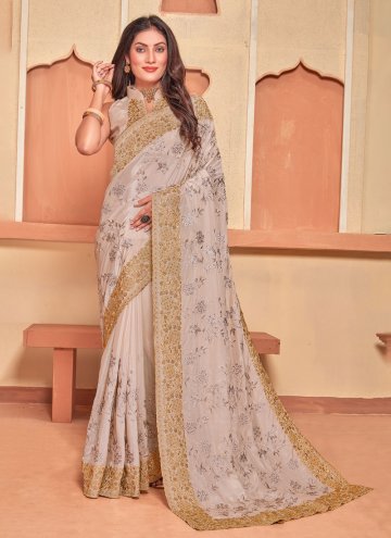Charming Cream Crepe Silk Embroidered Designer Saree for Ceremonial