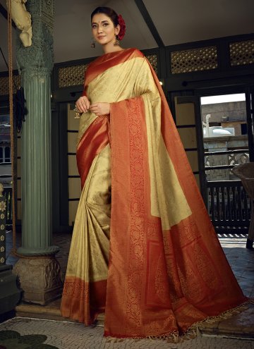 Charming Cream Kanjivaram Silk Woven Designer Traditional Saree for Ceremonial