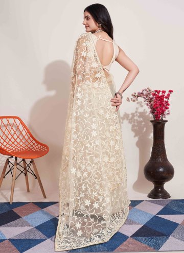 Charming Cream Net Embroidered Contemporary Saree