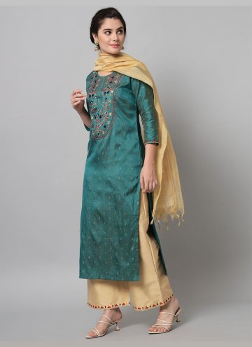 Charming Embroidered Art Dupion Silk Firozi Palazzo Suit