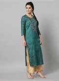Charming Embroidered Art Dupion Silk Firozi Palazzo Suit - 3