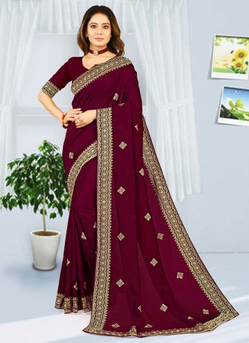 Charming Embroidered Georgette Wine Contemporary Saree