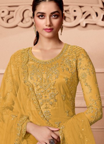 Charming Embroidered Net Mustard Trendy Salwar Kameez