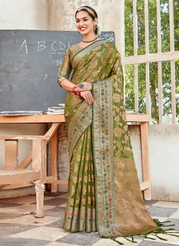 Charming Embroidered Organza Green Traditional Sar