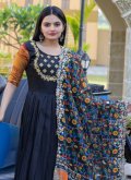 Charming Embroidered Silk Black Gown - 1
