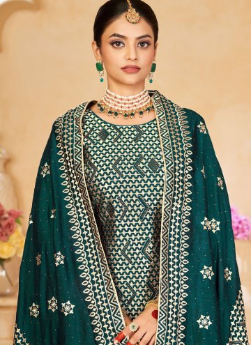 Charming Embroidered Vichitra Silk Green Pant Style Suit