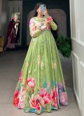 Charming Floral Print Tussar Silk Green Gown - 1