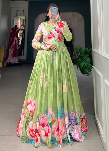 Charming Floral Print Tussar Silk Green Gown