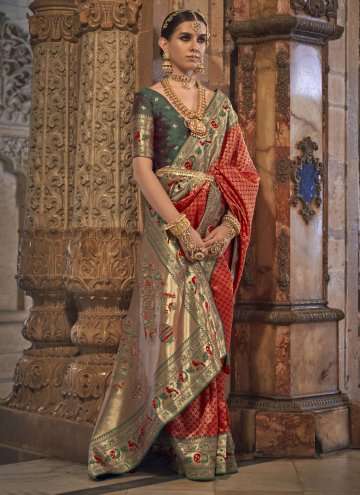 Charming Green and Red Banarasi Woven Trendy Saree