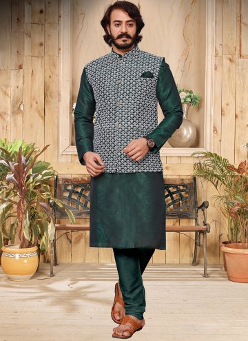 Charming Green Art Raw Silk Lucknowi Work Kurta Payjama With Jacket