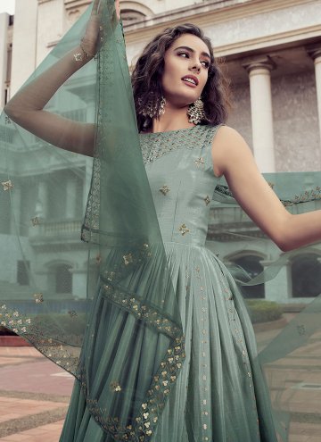 Charming Green Chinon Embroidered Gown for Engagement