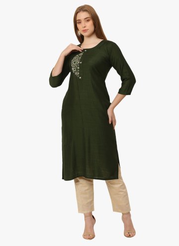 Charming Green Cotton Silk Embroidered Casual Kurti