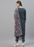 Charming Grey Chinon Embroidered Pant Style Suit - 1
