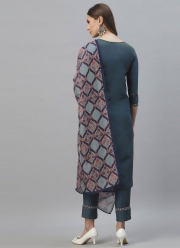 Charming Grey Chinon Embroidered Pant Style Suit