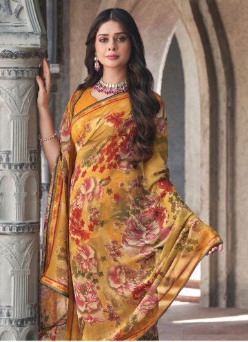 Charming Mustard Georgette Floral Print Trendy Saree for Ceremonial
