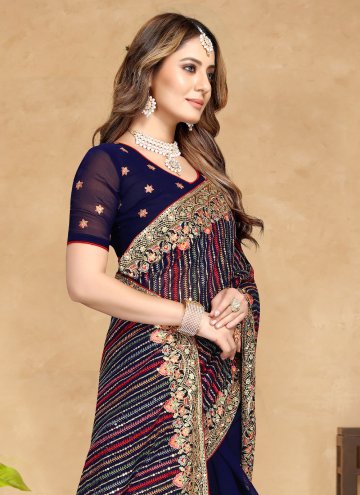 Charming Navy Blue Georgette Embroidered Classic Designer Saree