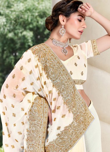 Charming Off White Georgette Embroidered Trendy Saree for Ceremonial