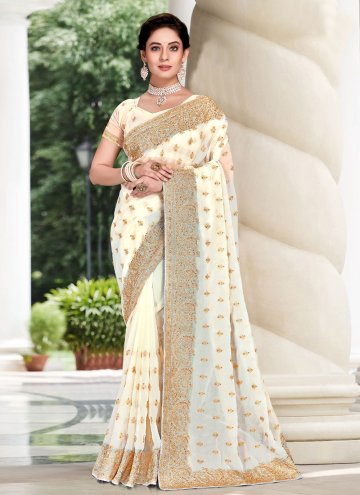 Charming Off White Georgette Embroidered Trendy Saree for Ceremonial