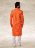Charming Orange Handloom Cotton Printed Kurta Pyjama for Engagement - 1