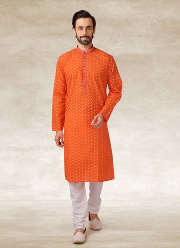 Charming Orange Handloom Cotton Printed Kurta Pyja