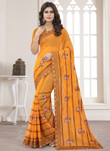 Charming Orange Shimmer Embroidered Classic Designer Saree