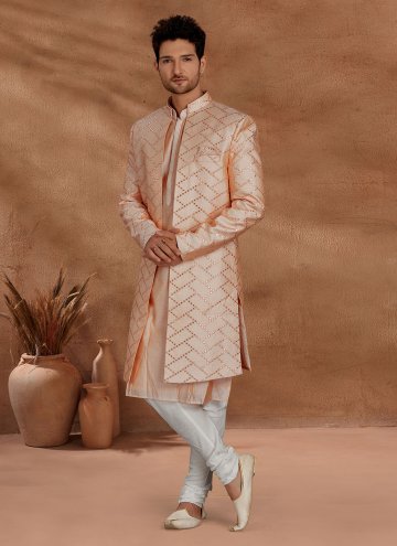 Charming Peach Fancy Fabric Embroidered Indo Western Sherwani for Engagement