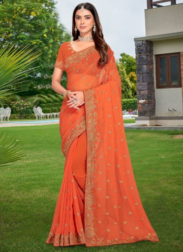 Charming Peach Georgette Embroidered Traditional S