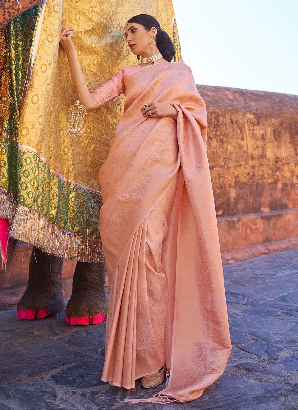 Charming Peach Handloom Silk Woven Casual Saree for Festival