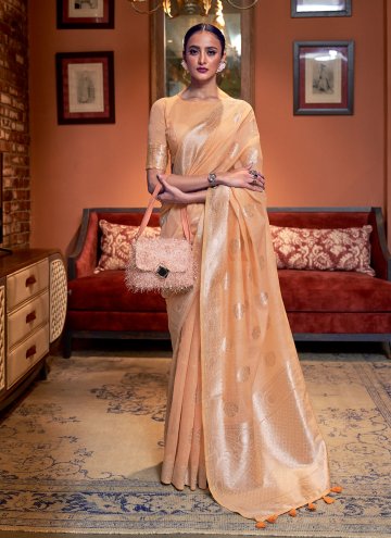 Charming Peach Linen Woven Classic Designer Saree 