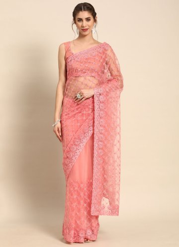 Charming Peach Net Embroidered Classic Designer Saree