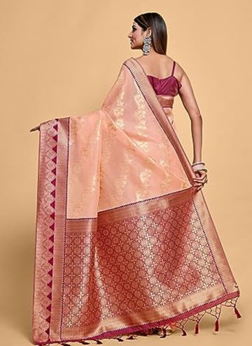 Charming Peach Silk Woven Trendy Saree