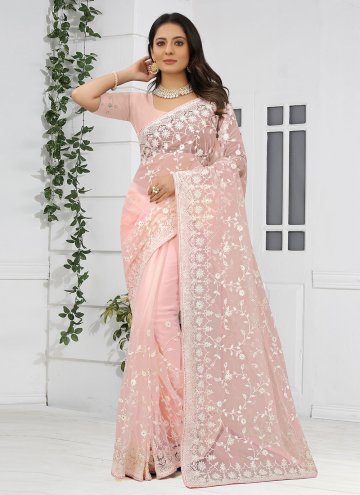 Charming Pink Net Embroidered Trendy Saree