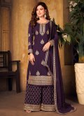 Charming Purple Faux Georgette Embroidered Designer Palazzo Suit for Ceremonial - 1
