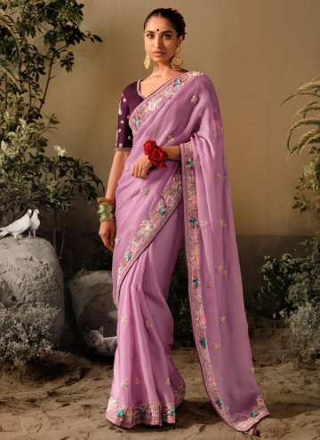 Charming Purple Silk Embroidered Trendy Saree