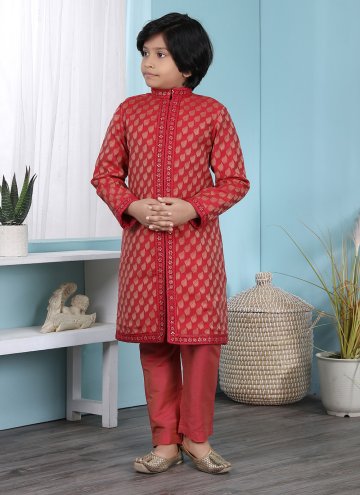 Charming Red Handloom Silk Jacquard Work Sherwani